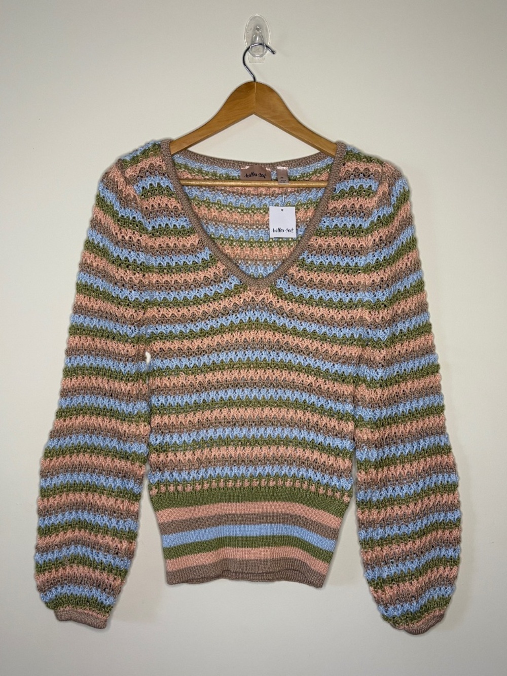 Willow+Root Striped Crochet Knit Sweater V Neck Pastel Boho NWT